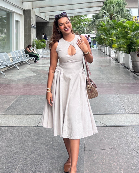 Harlow Statement Dropwaist Midi Dress In Beige - full-length front shot on model - Miss Mosa By Akanksha
