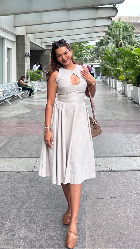 Harlow Statement Dropwaist Midi Dress In Beige - full-length shot on model - Miss Mosa By Akanksha
