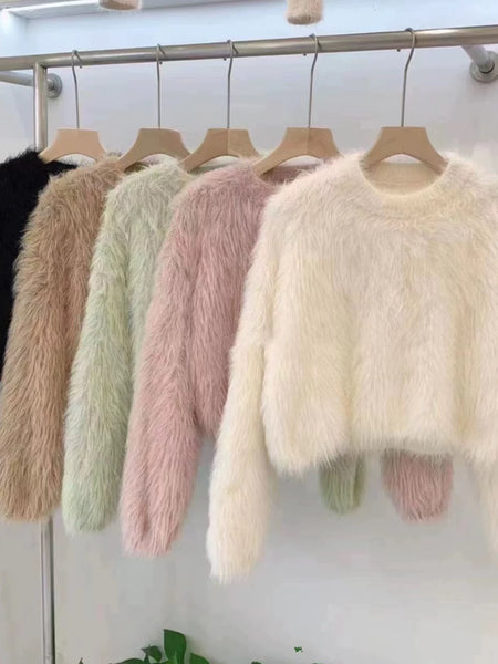 Harriet Mohair Fur Detailed Soft Sweater - front shot of sweaters on rack, cream and pink - Miss Mosa By Akanksha