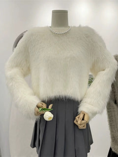 Harriet Mohair Fur Detailed Soft Sweater - front shot on mannequin, cream - Miss Mosa By Akanksha