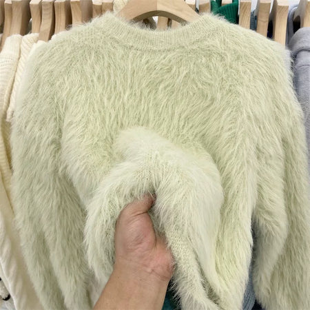 Harriet Mohair Fur Detailed Soft Sweater - close-up of fur texture on hanger, green - Miss Mosa By Akanksha