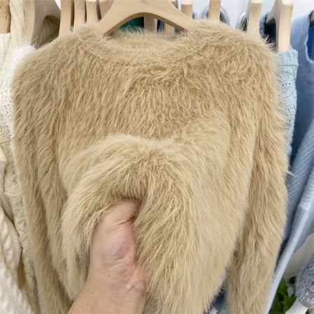 Harriet Mohair Fur Detailed Soft Sweater - close-up of fur texture on hanger, beige - Miss Mosa By Akanksha
