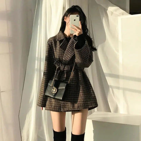 Harriet Plaid Woolen Overcoat with Belt - full-length front shot on model, brown plaid - Miss Mosa By Akanksha