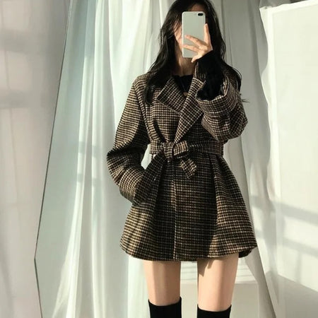 Harriet Plaid Woolen Overcoat with Belt - front shot on model, brown plaid - Miss Mosa By Akanksha