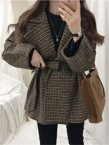 Harriet Plaid Woolen Overcoat with Belt - front shot on model with bag, brown plaid - Miss Mosa By Akanksha