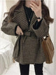 Harriet Plaid Woolen Overcoat with Belt - front shot on model with bag, brown plaid - Miss Mosa By Akanksha