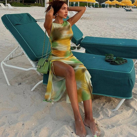 Harriot Bodycon Summer Dress - lifestyle shot on model, green - Miss Mosa By Akanksha