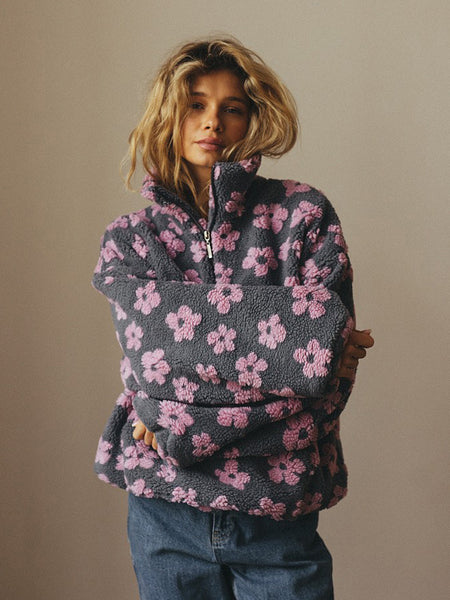 Harris Floral Oversized Sweatshirt - front shot on model, grey and pink - Miss Mosa By Akanksha