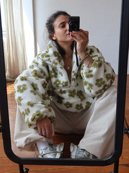 Harris Floral Oversized Sweatshirt - full-length shot on model, off-white and green - Miss Mosa By Akanksha
