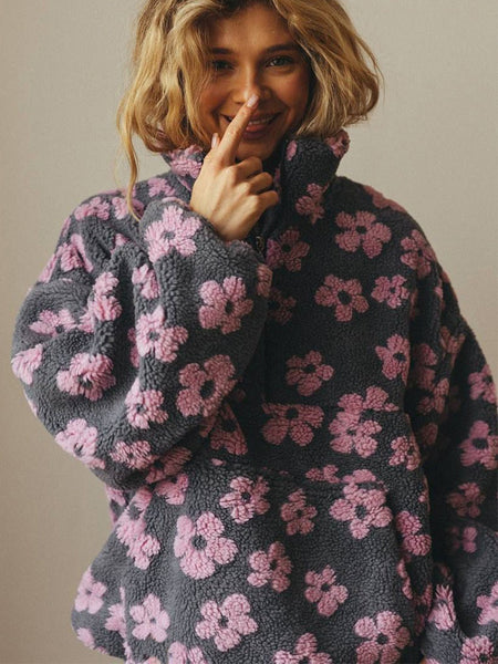 Harris Floral Oversized Sweatshirt - front shot on model, grey and pink - Miss Mosa By Akanksha