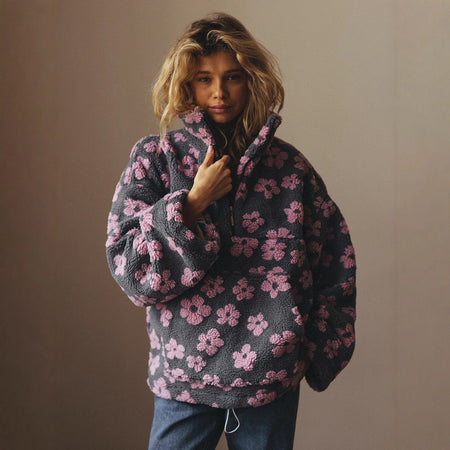 Harris Floral Oversized Sweatshirt - front shot on model, grey and pink - Miss Mosa By Akanksha
