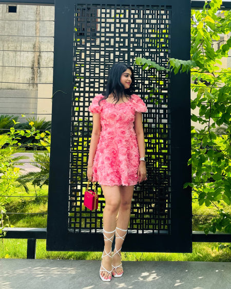 Harrold 3D Floral Dress In Pink - full-length shot on model, pink - Miss Mosa By Akanksha