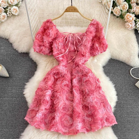 Harrold 3D Floral Dress In Pink - styled flat-lay shot, pink - Miss Mosa By Akanksha