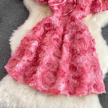 Harrold 3D Floral Dress In Pink - close-up of rosette texture, pink - Miss Mosa By Akanksha