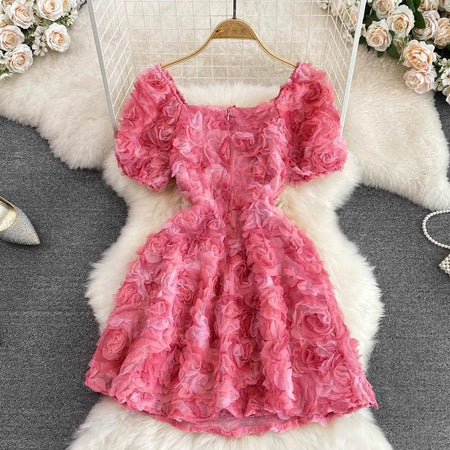 Harrold 3D Floral Dress In Pink - back shot styled flat-lay, pink - Miss Mosa By Akanksha
