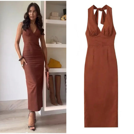 Harry Bodycon Midi Dress in Brown - lifestyle shot on model with flat-lay product shot, brown - Miss Mosa By Akanksha