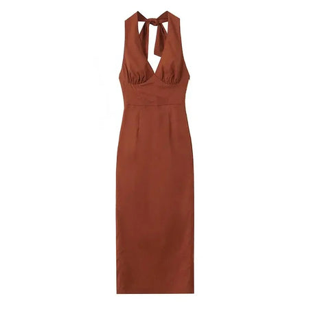 Harry Bodycon Midi Dress in Brown - flat-lay product shot, brown - Miss Mosa By Akanksha