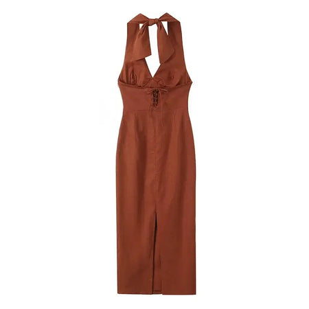 Harry Bodycon Midi Dress in Brown - flat-lay product shot, brown - Miss Mosa By Akanksha