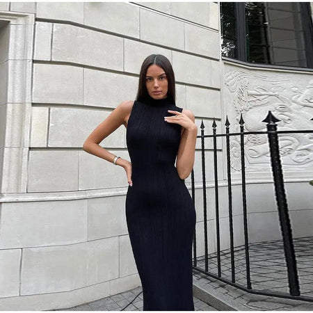 Hastor Luxe Soft Knit Dress - lifestyle shot on model, black - Miss Mosa By Akanksha