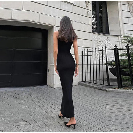 Hastor Luxe Soft Knit Dress - back shot on model, black - Miss Mosa By Akanksha