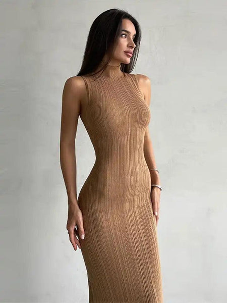 Hastor Luxe Soft Knit Dress - front shot on model, camel - Miss Mosa By Akanksha
