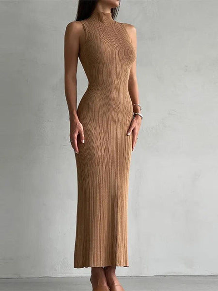 Hastor Luxe Soft Knit Dress - full-length shot on model, camel - Miss Mosa By Akanksha