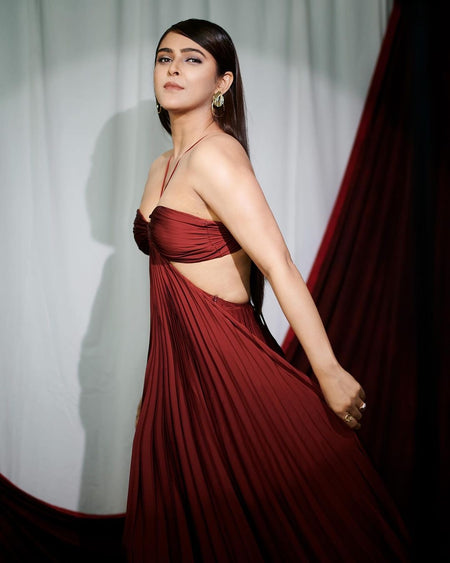 Hay Luxe Pleated Flowy Maxi Dress - side shot on model, red - Miss Mosa By Akanksha