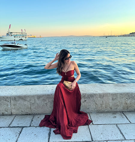Hay Luxe Pleated Flowy Maxi Dress - back shot on model, red - Miss Mosa By Akanksha