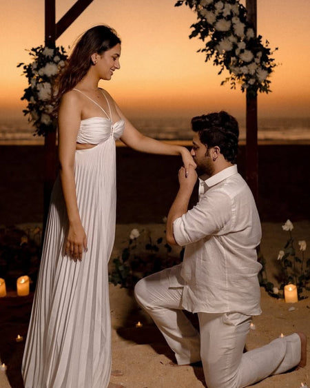 Hay Luxe Pleated Flowy Maxi Dress - lifestyle shot on model, white - Miss Mosa By Akanksha