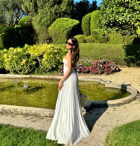 Hay Luxe Pleated Flowy Maxi Dress - side shot on model, white - Miss Mosa By Akanksha
