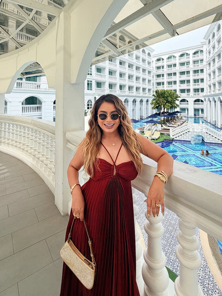 Hay Luxe Pleated Flowy Maxi Dress - front shot on model, red - Miss Mosa By Akanksha