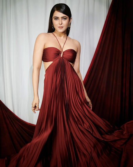 Hay Luxe Pleated Flowy Maxi Dress - front shot on model, red - Miss Mosa By Akanksha