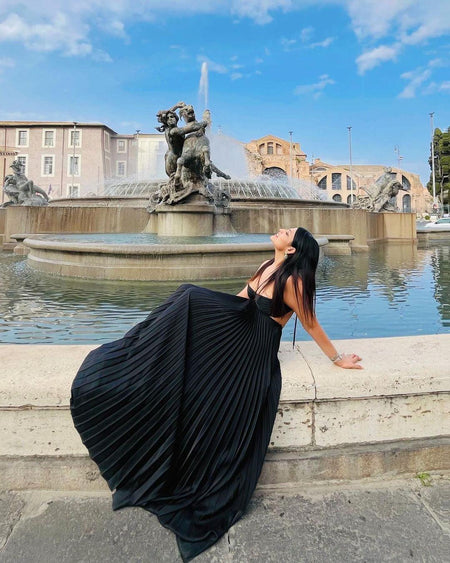 Hay Luxe Pleated Flowy Maxi Dress - lifestyle shot on model, black - Miss Mosa By Akanksha