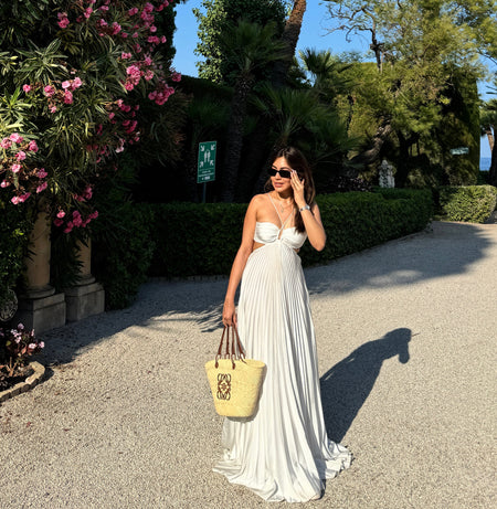 Hay Luxe Pleated Flowy Maxi Dress - front shot on model, white - Miss Mosa By Akanksha