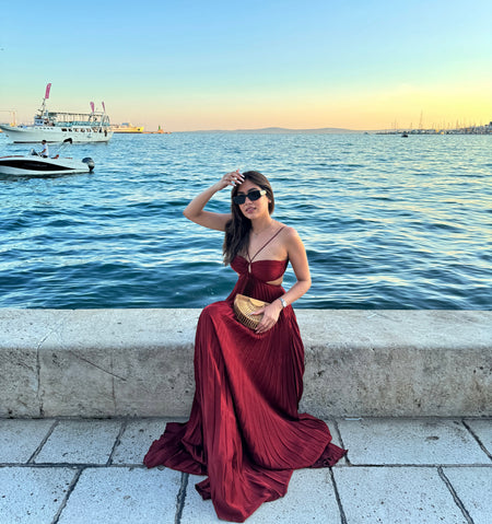 Hay Luxe Pleated Flowy Maxi Dress - lifestyle shot on model, red - Miss Mosa By Akanksha