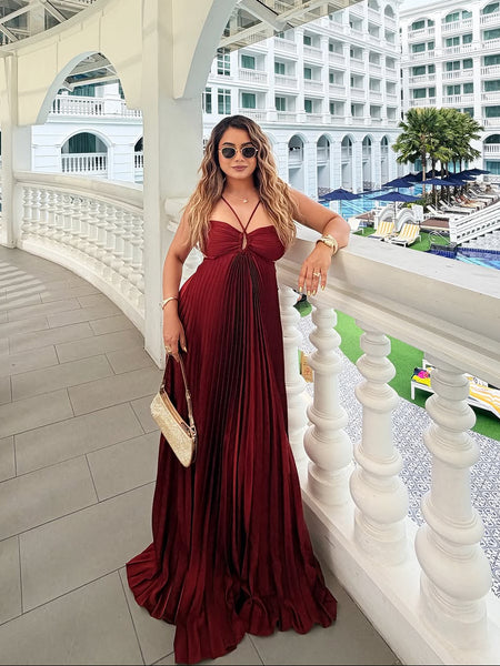 Hay Luxe Pleated Flowy Maxi Dress - front shot on model, red - Miss Mosa By Akanksha