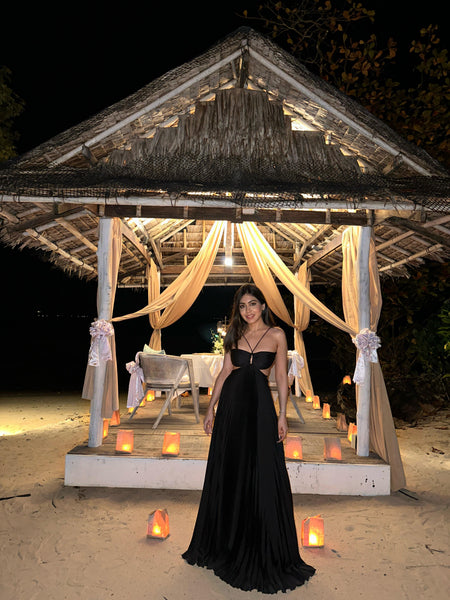 Hay Luxe Pleated Flowy Maxi Dress - lifestyle shot on model, black - Miss Mosa By Akanksha