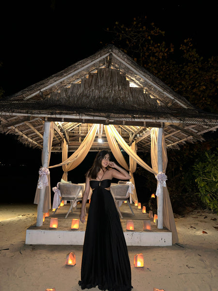Hay Luxe Pleated Flowy Maxi Dress - back shot on model, black - Miss Mosa By Akanksha