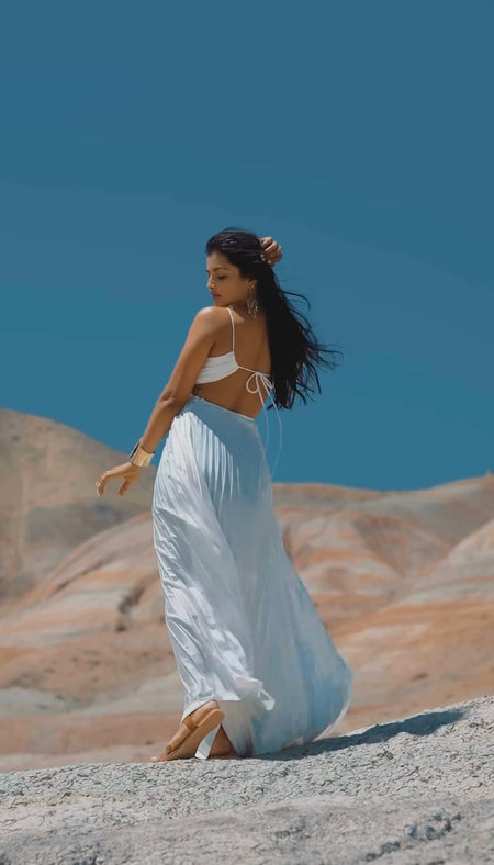 Hay Luxe Pleated Flowy Maxi Dress - lifestyle shot on model, white - Miss Mosa By Akanksha