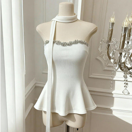 Hazel Embellished Padded Top With Scarf - front shot, white - Miss Mosa By Akanksha