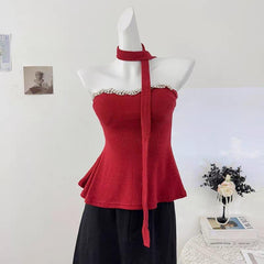 Hazel Embellished Padded Top With Scarf - front shot, red - Miss Mosa By Akanksha