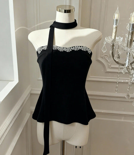 Hazel Embellished Padded Top With Scarf - front shot, black - Miss Mosa By Akanksha