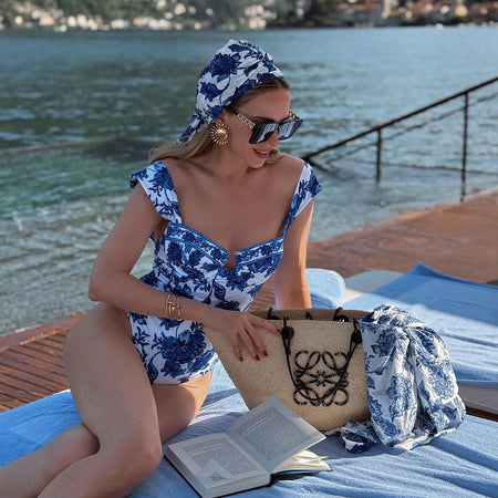 Hazel Floral Swimsuit With Coverup - seated shot, blue and white floral - Miss Mosa By Akanksha