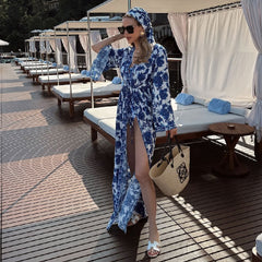 Hazel Floral Swimsuit With Coverup - styled full-length shot, blue and white floral - Miss Mosa By Akanksha
