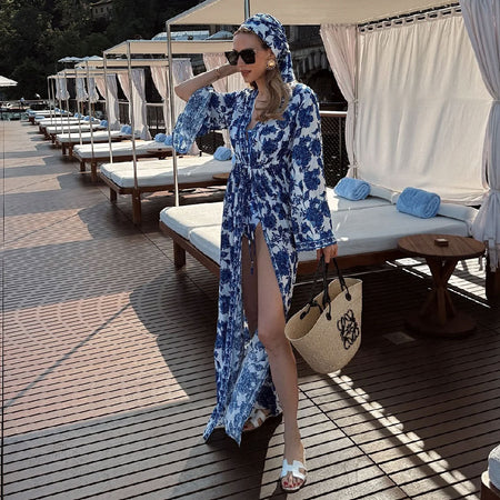 Hazel Floral Swimsuit With Coverup - styled full-length shot, blue and white floral - Miss Mosa By Akanksha