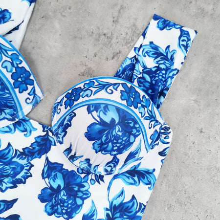Hazel Floral Swimsuit With Coverup - fabric detail shot, blue and white floral - Miss Mosa By Akanksha