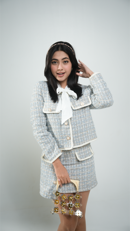 Hazel Statement Coord Set - Tweed In Ice Blue - full-length shot on model, light blue - Miss Mosa By Akanksha