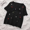 Heart Embroidered Tops In Black - XS