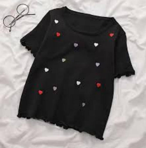 Heart Embroidered Tops In Black