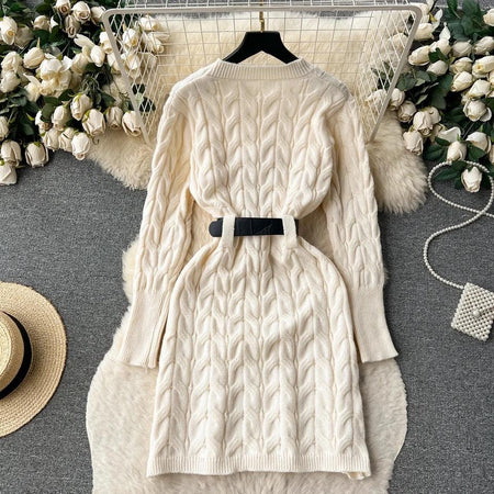 Heathrow Statement Knitted Dress with Belt - front shot on hanger, cream - Miss Mosa By Akanksha